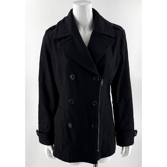 Lucky Brand Womens Pea Coat Size Medium Black Asymmetrical Zip Wool Blend - Picture 1 of 7